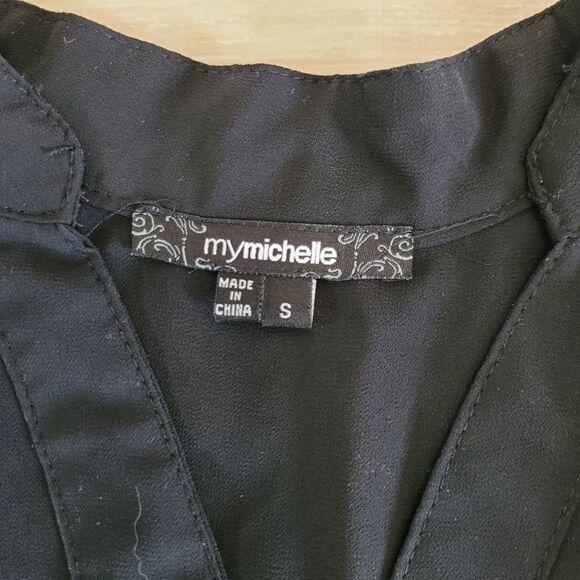 MyMichelle Black Sheer Blouse XS – Gold Zippers, Roll Tab Sleeves, V-Neck - Picture 4 of 8